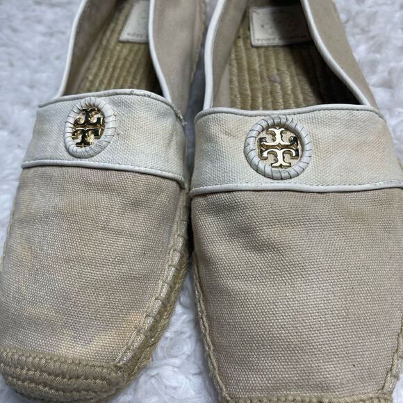 Tory Burch Canvas Khaki & beige espadrilles slip on gold tone logo accent SZ9.5 - Picture 7 of 13